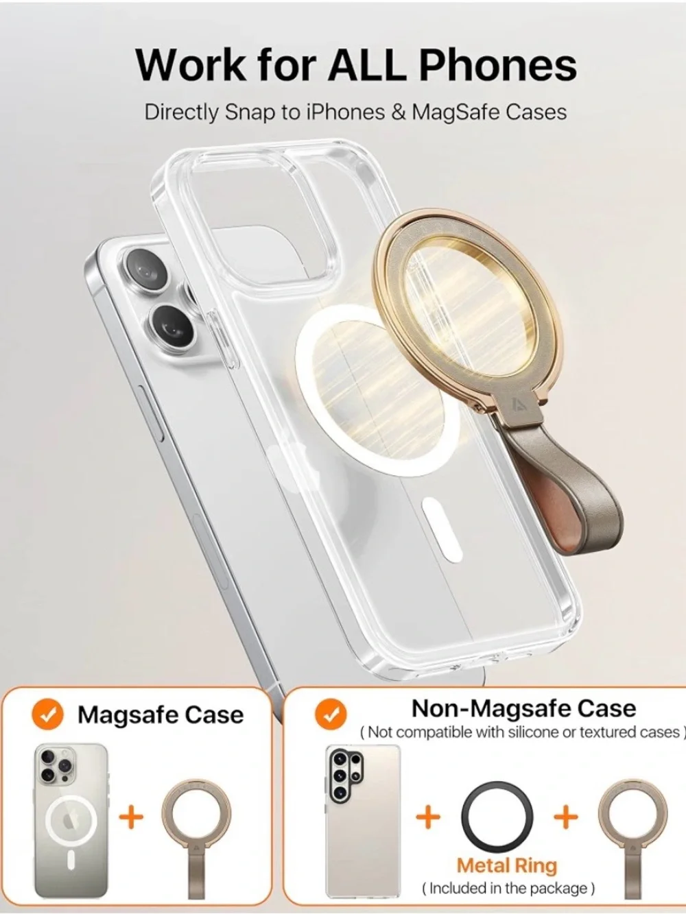 Apple iPhone Ring Holder Strap in Metallic Gold and Beige